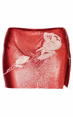 PrettyLittleThing Chain Mail Rose Diamante Micro Mini Skirt Red