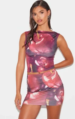 Outlet PrettyLittleThing Cherry Print Slinky Open Back Cap Sleeve Longline Top Red