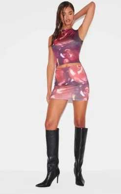 Outlet PrettyLittleThing Cherry Print Slinky Open Back Cap Sleeve Longline Top Red