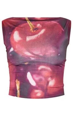 Outlet PrettyLittleThing Cherry Print Slinky Open Back Cap Sleeve Longline Top Red