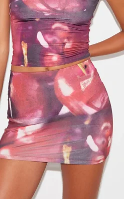 Best PrettyLittleThing Cherry Printed Low Rise Slinky Micro Mini Skirt Red