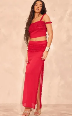 Hot PrettyLittleThing Chiffon Ruffle Detailing Slit Open Maxi Skirt Red