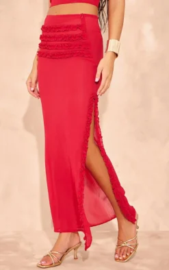 Hot PrettyLittleThing Chiffon Ruffle Detailing Slit Open Maxi Skirt Red