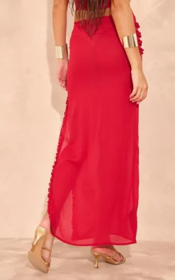 Hot PrettyLittleThing Chiffon Ruffle Detailing Slit Open Maxi Skirt Red