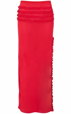 Hot PrettyLittleThing Chiffon Ruffle Detailing Slit Open Maxi Skirt Red