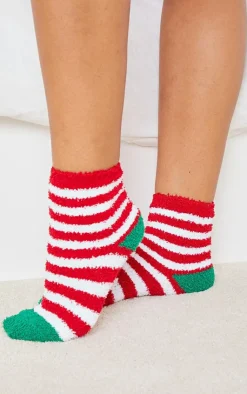 PrettyLittleThing Socks*Red Christmas Stripe Fluffy Sleep Socks