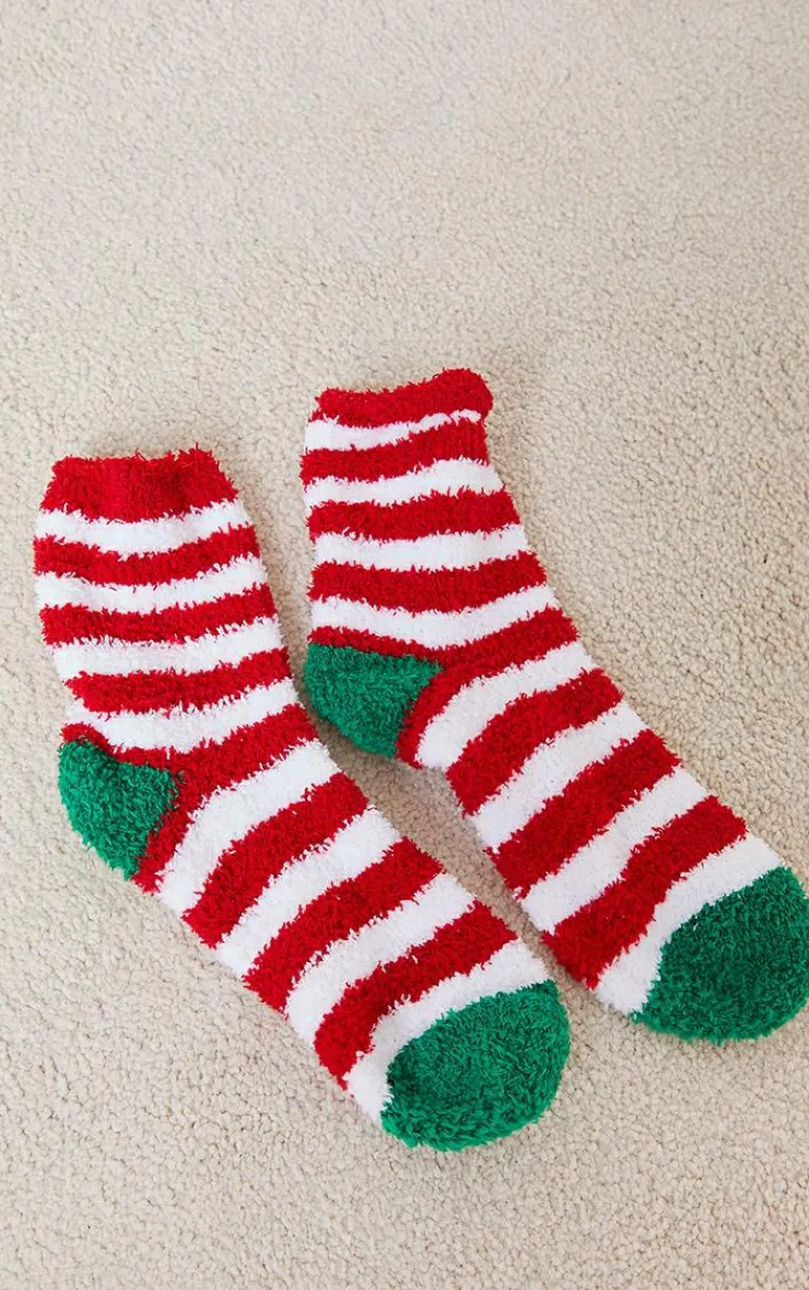 PrettyLittleThing Socks*Red Christmas Stripe Fluffy Sleep Socks