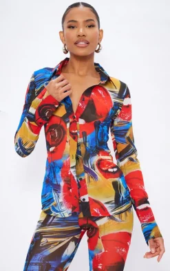 Discount PrettyLittleThing Collage Printed Chiffon Shirt Red