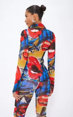 Discount PrettyLittleThing Collage Printed Chiffon Shirt Red