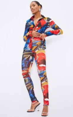 Discount PrettyLittleThing Collage Printed Chiffon Shirt Red