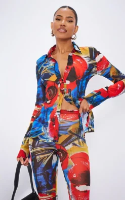 Discount PrettyLittleThing Collage Printed Chiffon Shirt Red