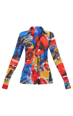 Discount PrettyLittleThing Collage Printed Chiffon Shirt Red