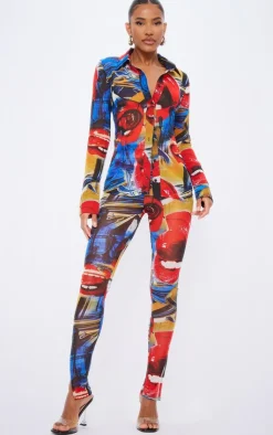 Hot PrettyLittleThing Collage Printed Mesh Leggings Red