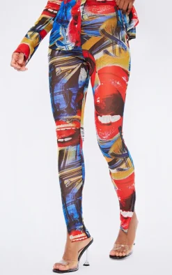 Hot PrettyLittleThing Collage Printed Mesh Leggings Red