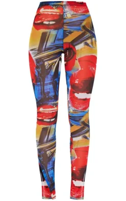 Hot PrettyLittleThing Collage Printed Mesh Leggings Red
