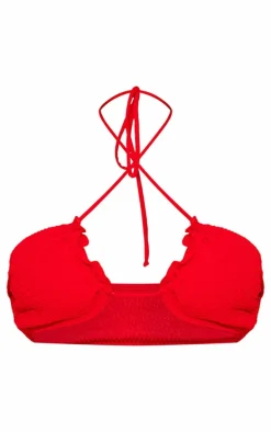 Red Crinkle Halter Neck Bikini Top