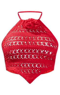 PrettyLittleThing Christmas Shop*Crochet Flower Detail Halterneck Beach Top