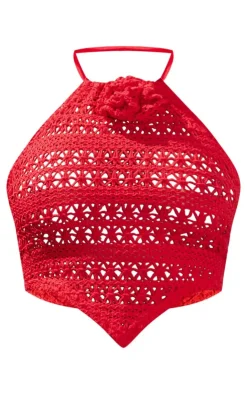 PrettyLittleThing Christmas Shop*Crochet Flower Detail Halterneck Beach Top