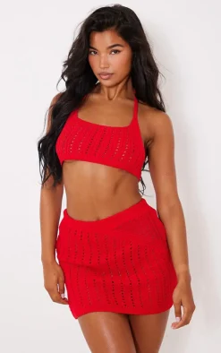 Best PrettyLittleThing Crochet Halter Neck Bralet Red