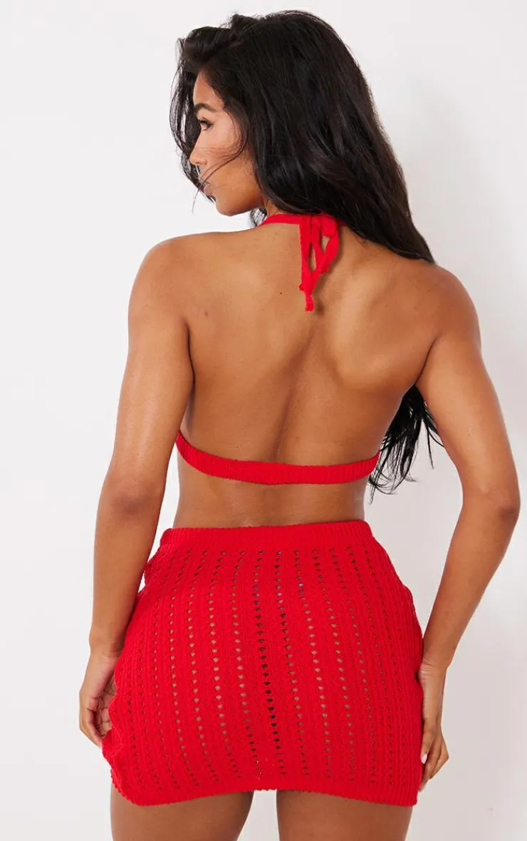 Best PrettyLittleThing Crochet Halter Neck Bralet Red