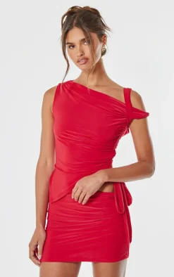 Clearance PrettyLittleThing Double Layer Asymmetrical Twist Detail Top Red