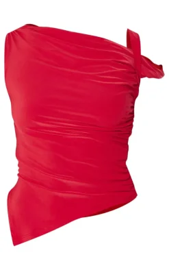 Clearance PrettyLittleThing Double Layer Asymmetrical Twist Detail Top Red