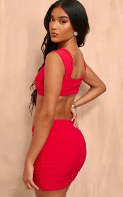 Clearance PrettyLittleThing Double Layer Trim Capped Sleeve Crop Top Red