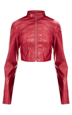 New PrettyLittleThing Faux Leather Biker Jacket Red