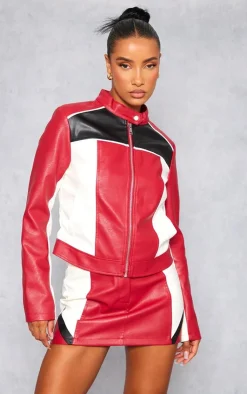 Hot PrettyLittleThing Faux Leather Contrast Panel Mini Skirt Red