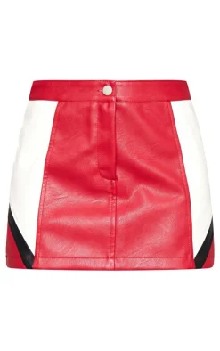 Hot PrettyLittleThing Faux Leather Contrast Panel Mini Skirt Red