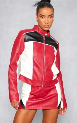 Sale PrettyLittleThing Faux Leather Contrast Panel Motor Jacket Red