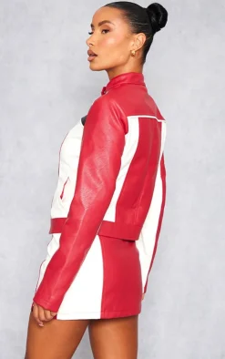 Sale PrettyLittleThing Faux Leather Contrast Panel Motor Jacket Red