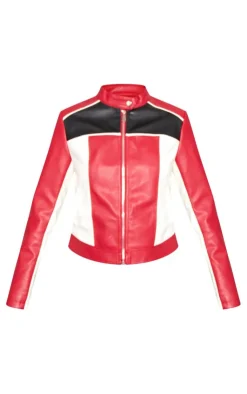 Sale PrettyLittleThing Faux Leather Contrast Panel Motor Jacket Red