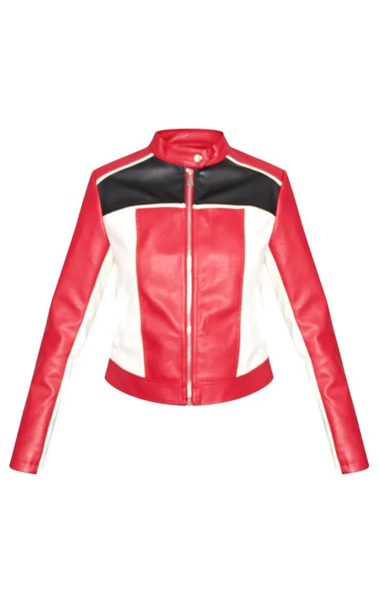 Sale PrettyLittleThing Faux Leather Contrast Panel Motor Jacket Red