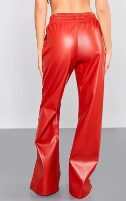 Red Faux Leather Elasticated Waist Straight Leg Pants