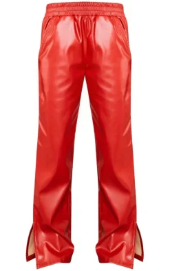 Red Faux Leather Elasticated Waist Straight Leg Pants