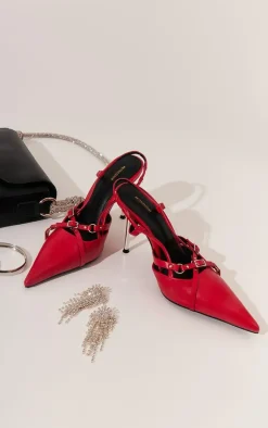 PrettyLittleThing Mules*Faux Leather Point Toe Buckle Strap Sling Back High Heeled Mules