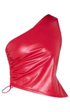 Outlet PrettyLittleThing Faux Leather Ruched Asymmetric One Shoulder Top Red