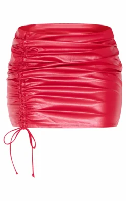 Online PrettyLittleThing Faux Leather Ruched Micro Mini Skirt Red