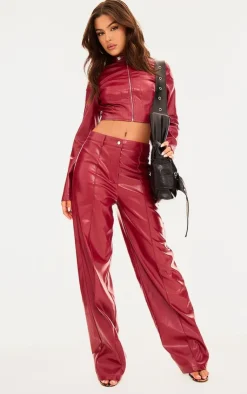 Hot PrettyLittleThing Faux Leather Seam Detail Straight Leg Pants Red