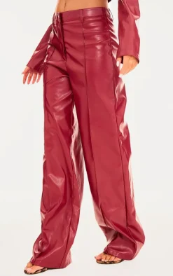 Hot PrettyLittleThing Faux Leather Seam Detail Straight Leg Pants Red
