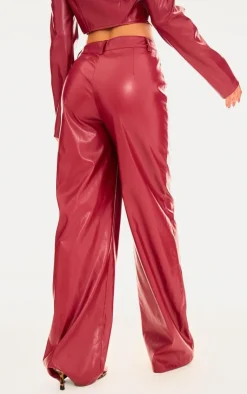 Hot PrettyLittleThing Faux Leather Seam Detail Straight Leg Pants Red