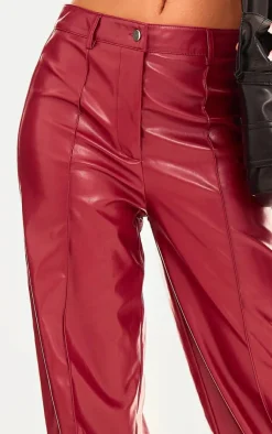 Hot PrettyLittleThing Faux Leather Seam Detail Straight Leg Pants Red