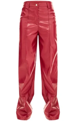 Hot PrettyLittleThing Faux Leather Seam Detail Straight Leg Pants Red
