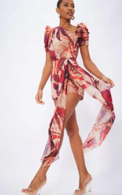 Red Floral Asymmetric Neck Drape Detail Romper