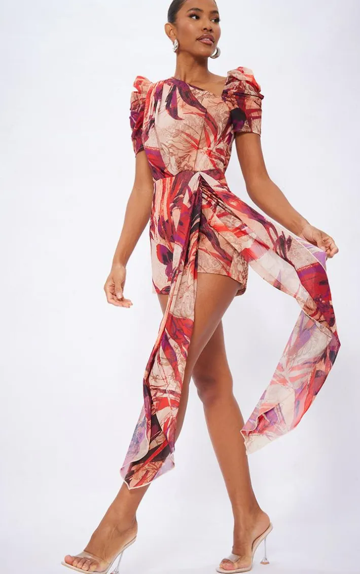 Red Floral Asymmetric Neck Drape Detail Romper