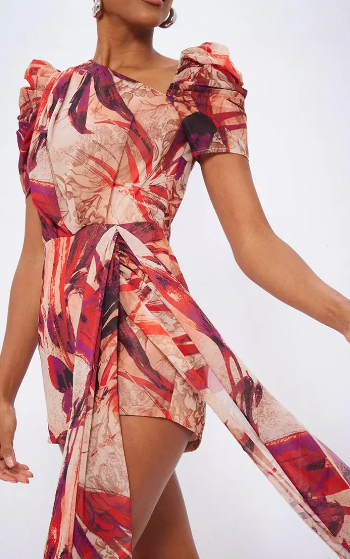 Red Floral Asymmetric Neck Drape Detail Romper
