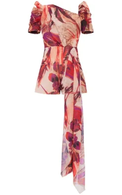 Red Floral Asymmetric Neck Drape Detail Romper