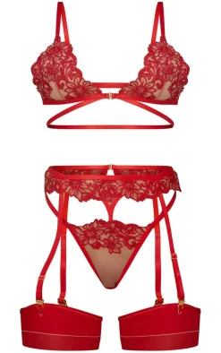 Floral Embroide Lace Strapping Detail 3 Piece Lingerie Set-PrettyLittleThing Clearance