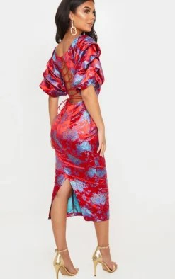 Floral Jacquard Lace Up Back Midi Dress-PrettyLittleThing New